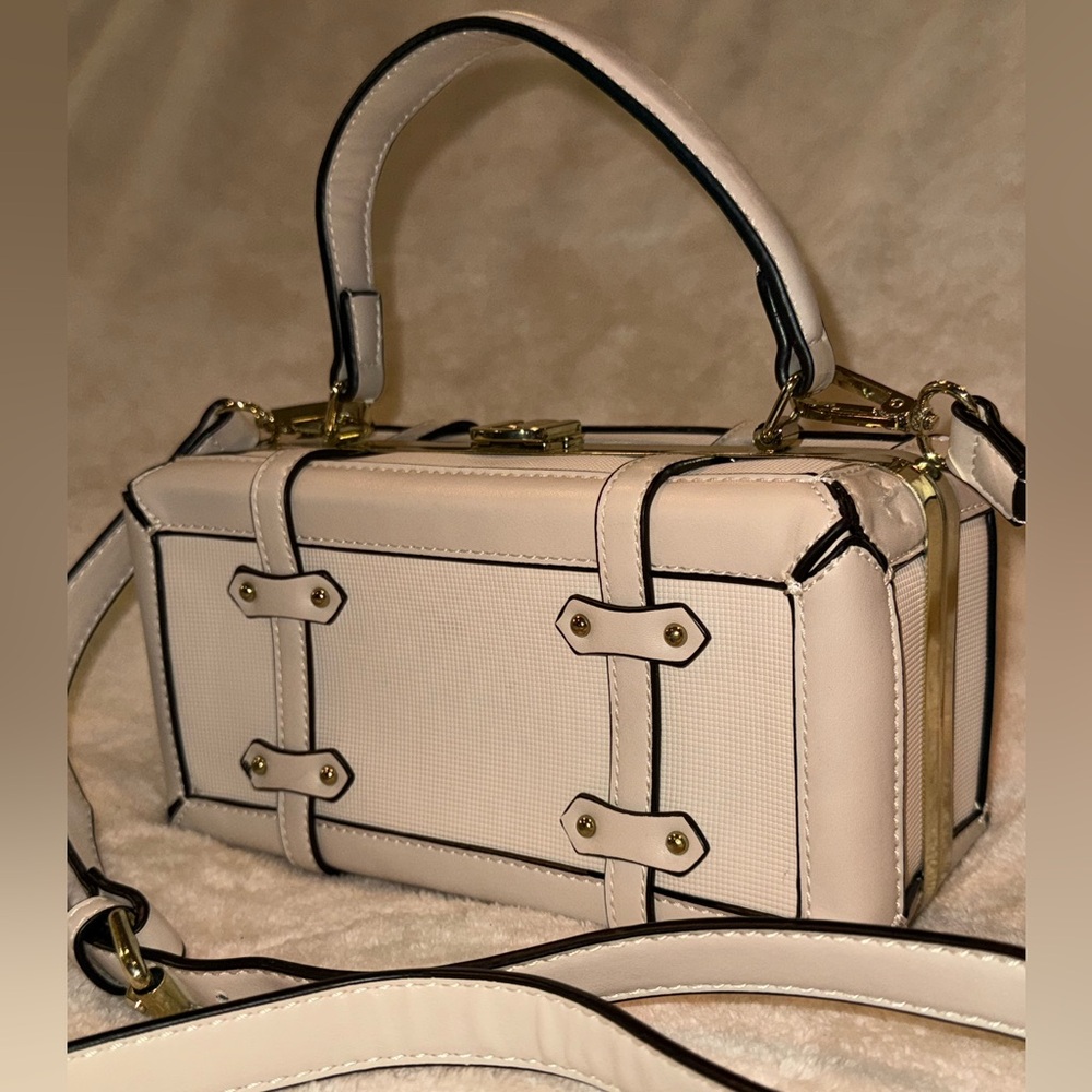 Structured Faux Leather Cream Mini Suitcase Trunk Buckle Crossbody Handle Bag - Picture 2 of 10